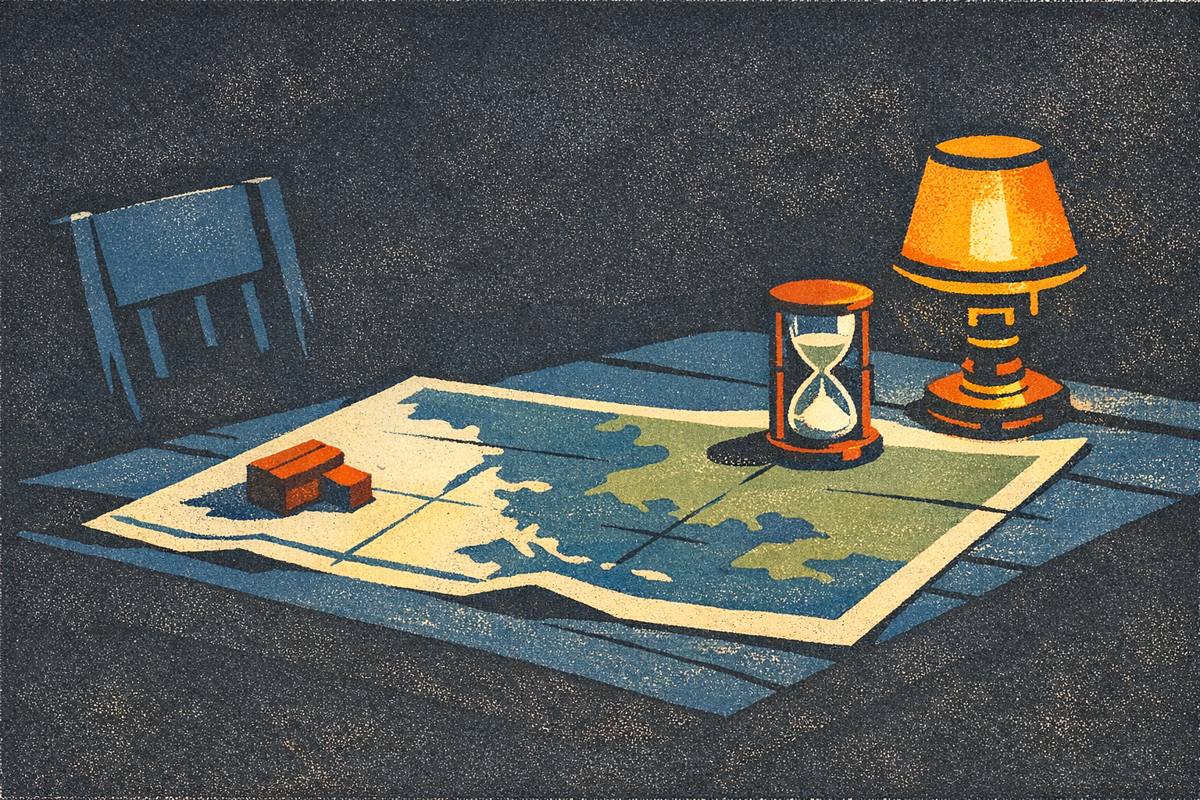 A map on a dark table with a single block, an hourglass and a lamp, and an empty chair
