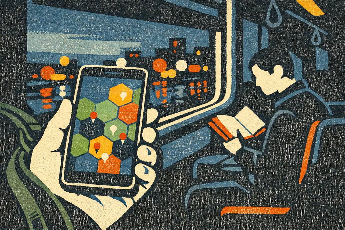 A hand holding a phone with a map of coloured hexagons on a train, another passenger reading